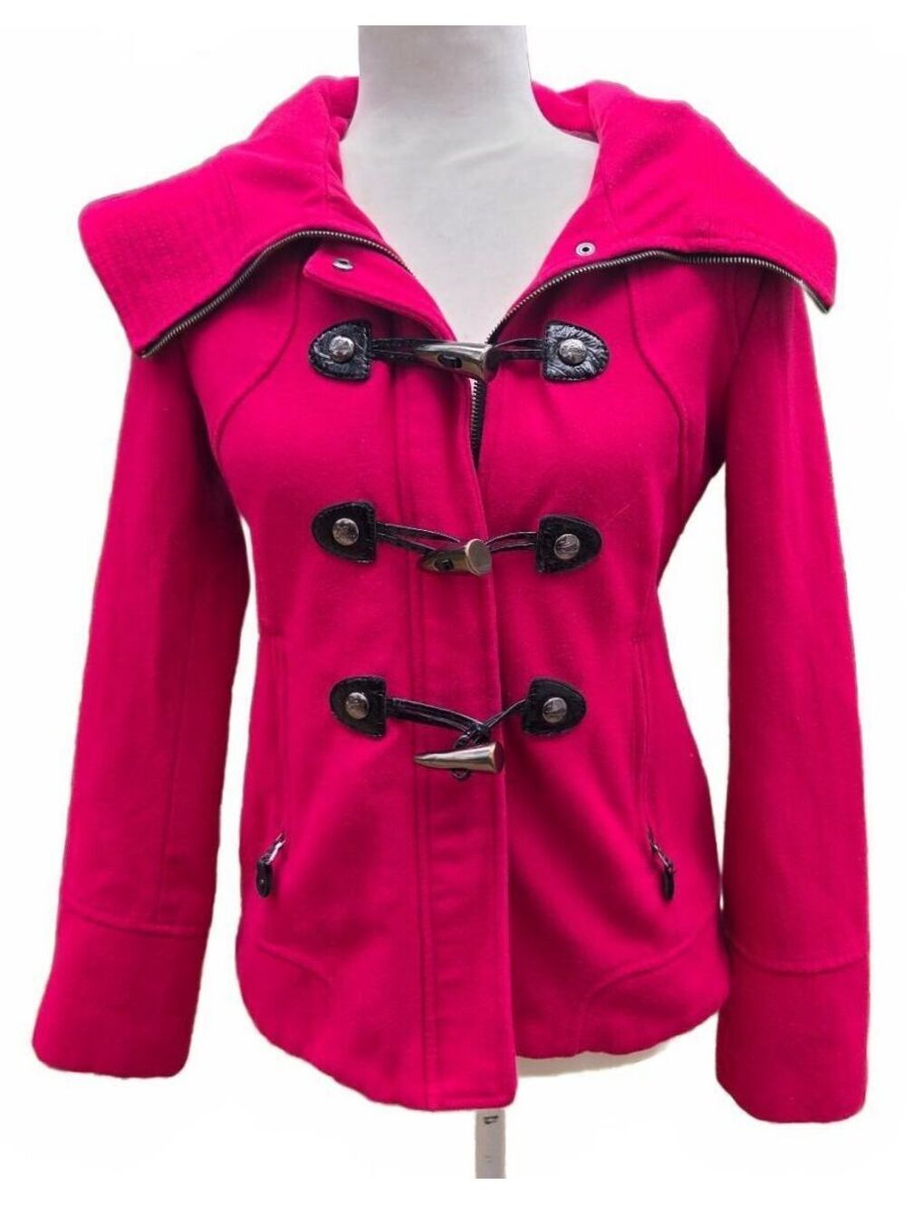 Y2K Guess Hot Pink Wool Blend Toggle Coat Hooded Pea Coat Duffle Jacket Small